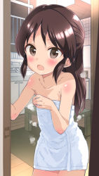 Rule 34 | 1girl, bare shoulders, blush, brown eyes, brown hair, child, collarbone, covering privates, female focus, flat chest, half updo, hand on own chest, highres, idolmaster, idolmaster cinderella girls, indoors, long hair, looking at viewer, naked towel, open mouth, saeki tatsuya, sidelocks, solo, steam, table, tachibana arisu, tile wall, tiles, towel, wet