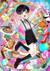 Rule 34 | 1boy, black footwear, black hair, black shorts, black socks, bottle, candle, candy, collared shirt, commission, cup, cupcake, eraser, food, fork, french toast, full body, globe, high heels, highres, ice cream, id card, index finger raised, kneehighs, knife, lamp, lanyard, lollipop, long sleeves, looking at viewer, male focus, minai mosa, multicolored background, neon palette, open mouth, original, pasta, plate, pointy ears, purple eyes, scissors, shirt, short hair, shorts, signature, socks, solo, spaghetti, suspenders, syrup, teacup, umbrella, unworn footwear, white shirt