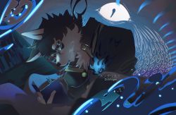 Rule 34 | 1boy, absurdres, artist name, black fire, black fur, black sclera, blue eyes, blue fire, book, bookmark, colored sclera, commentary, dog boy, dr whiger, eyewear strap, fire, furry, furry male, glasses, highres, holding, holding book, male focus, masanori (housamo), round eyewear, signature, snout, solo, tokyo houkago summoners, two-tone fur, upper body, white fur