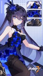 Rule 34 | 1girl, bare shoulders, black dress, black headwear, black leggings, blue dress, breasts, closed mouth, colored inner hair, commentary, dress, english commentary, hair between eyes, highres, holding, holding scythe, holding weapon, honkai (series), honkai impact 3rd, leggings, logo, long hair, makeup, multicolored hair, official alternate costume, official art, official wallpaper, pantyhose, scythe, seele vollerei, seele vollerei (herrscher of rebirth), sideboob, sleeveless, small breasts, smile, solo, upper body, weapon