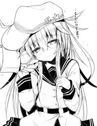 Rule 34 | 10s, 1girl, ai takurou, belt, blush, buttons, closed mouth, collarbone, cowboy shot, eyebrows, flat cap, greyscale, hair between eyes, hammer and sickle, hat, hibiki (kancolle), kantai collection, long hair, long sleeves, monochrome, motion lines, pleated skirt, school uniform, serafuku, sidelocks, simple background, sketch, skirt, smile, solo focus, star (symbol), translation request, verniy (kancolle), white background