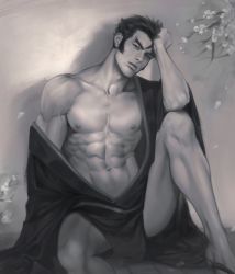 Rule 34 | 1boy, abs, bara, falling petals, flower, forked eyebrows, genji (overwatch), greyscale, hand on own face, hand on own head, head rest, japanese clothes, kimono, large pectorals, looking at viewer, male focus, monochrome, muscular, muscular male, navel, nipples, overwatch, overwatch 1, parted lips, pectorals, petals, revealing clothes, short hair, sideburns, sitting, solo, thick thighs, thighs, veins, veiny arms, zeilyanart