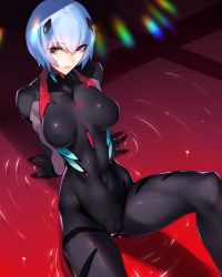 Rule 34 | 1girl, alternate breast size, arm support, ayanami rei, ban! (bansankan), blue hair, bob cut, bodysuit, breasts, breasts apart, cameltoe, collarbone, commentary request, covered collarbone, covered erect nipples, covered navel, evangelion: 3.0 you can (not) redo, from above, hair between eyes, hair ornament, hairclip, highres, interface headset, lips, looking at viewer, looking up, medium breasts, narrow waist, neon genesis evangelion, neon trim, parted lips, plugsuit, rebuild of evangelion, red eyes, revision, ripples, short hair, sitting, skin tight, solo, thighs, watermark