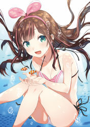 Rule 34 | 1girl, :d, bikini, black ribbon, blue background, blue eyes, breasts, brown hair, bubble, cleavage, collarbone, fish, floating hair, hairband, halterneck, highres, kizuna ai, kizuna ai inc., long hair, looking at viewer, multicolored hair, open mouth, otousan952, pink bikini, pink hairband, ribbon, side-tie bikini bottom, small breasts, smile, solo, streaked hair, swimsuit, underwater, virtual youtuber, white background, white bikini