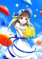 Rule 34 | 1girl, :d, back bow, balloon, blonde hair, blue bow, blue eyes, blue flower, blue sky, blue umbrella, bouquet, bow, cloud, collarbone, day, dress, floating hair, flower, hat, hat flower, highres, holding, holding bouquet, long hair, looking at viewer, mimosa (flower), omelet tomato, open mouth, orange umbrella, original, outdoors, sky, sleeveless, sleeveless dress, smile, solo, standing, striped, striped bow, sun hat, sundress, umbrella, white dress, white flower, white hat, yellow flower