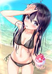Rule 34 | 1girl, adapted costume, ahoge, akatsuki (kancolle), anchor symbol, beach, bikini, black bikini, blush, breasts, cleavage, closed mouth, day, food, hair between eyes, ice cream, kantai collection, kuno nv, long hair, looking at viewer, looking up, ocean, purple eyes, purple hair, shaved ice, side-tie bikini bottom, small breasts, spoon, sunlight, swimsuit, utensil in mouth
