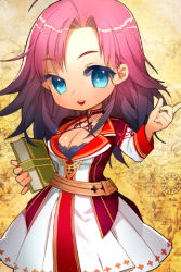 Rule 34 | 1girl, ahoge, arm up, artist request, belt, blue eyes, book, breasts, chibi, cleavage, dress, grin, holding, long hair, lowres, medium breasts, open mouth, parted bangs, pink hair, pinky out, pleated dress, pointing, rio (sword girls), smile, solo, sword girls