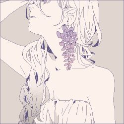 Rule 34 | 1girl, arm up, bare shoulders, commentary request, earrings, expressionless, flower, greyscale, jewelry, kai (dweep), long hair, looking away, lowres, monochrome, original, piercing, purple background, purple eyes, simple background, sleeveless, solo focus, wisteria