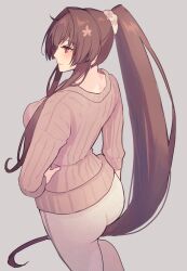 Rule 34 | 1girl, ass, blush, breasts, brown hair, brown sweater, closed mouth, from above, grey background, hair intakes, hand on own hip, highres, kantai collection, kasumi (skchkko), large breasts, long hair, long sleeves, official alternate costume, pants, pink eyes, ponytail, ribbed sweater, sidelocks, solo, standing, sweater, very long hair, white pants, yamato (kancolle)