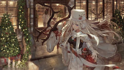 Rule 34 | 1girl, alternate costume, azur lane, belt, blush, box, breasts, candle, cape, christmas, christmas tree, commentary request, enterprise (azur lane), enterprise (reindeer master) (azur lane), fur trim, gift, gift box, gloves, hat, highres, looking at viewer, medium breasts, official art, outstretched arm, outstretched arms, purple eyes, reindeer, santa costume, scarf, shop, silver hair, solo focus, toriumi harumi, white gloves, wind