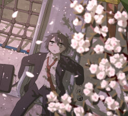 Rule 34 | 1boy, absurdres, avogado6, bags under eyes, black jacket, black pants, black suit, blurry, blurry foreground, brand name imitation, briefcase, brown hair, can, cherry blossoms, commentary request, day, disheveled, dress shirt, falling petals, feet out of frame, formal, from above, grey eyes, highres, holding, holding briefcase, holding can, jacket, long sleeves, looking at flowers, looking up, loose necktie, lying, male focus, necktie, on back, open clothes, open jacket, original, outdoors, pants, petals, playground, red necktie, shadow, shirt, short hair, slide, solo, strong zero, suit, white shirt