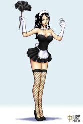 Rule 34 | 1girl, apron, artist name, bare arms, black footwear, black hair, blue eyes, breasts, choker, cleavage, duster, earrings, elbow gloves, feather duster, fishnet thighhighs, fishnets, full body, gloves, high heels, iury padilha, jewelry, large breasts, legs, long hair, maid, maid headdress, nico robin, one piece, solo, thighhighs, thighs, white gloves