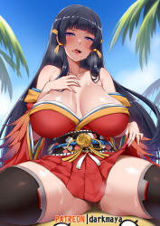 Rule 34 | 1girl, azur lane, bare shoulders, black hair, black thighhighs, blunt bangs, blush, breasts, breasts apart, collarbone, cosplay, darkmaya, day, dead or alive, dead or alive 5, dead or alive xtreme, eyeshadow, feather-trimmed sleeves, half-closed eyes, head tilt, heavy breathing, huge breasts, japanese clothes, kimono, long hair, long sleeves, looking at viewer, makeup, mole, mole under mouth, nyotengu, obi, off shoulder, open mouth, outdoors, patreon username, purple eyes, red kimono, sash, shiny skin, sidelocks, sitting, sky, solo, spread legs, sweat, taihou (azur lane), taihou (azur lane) (cosplay), thighhighs, thighs, tongue, tongue out, very long hair, wide sleeves