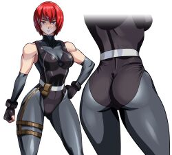 Rule 34 | 1girl, absurdres, ass, bodysuit, dino crisis, fingerless gloves, gloves, highres, multiple views, oggy (oggyoggy), purple eyes, red hair, regina (dino crisis), solo, transparent background