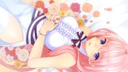 Rule 34 | 1girl, blue eyes, bow, bracelet, dress, flower, flower bed, frills, interlocked fingers, jewelry, lace, lace-trimmed legwear, lace trim, long hair, looking at viewer, lying, megurine luka, own hands clasped, own hands together, pink hair, settyaro, solo, thighhighs, vocaloid, white thighhighs