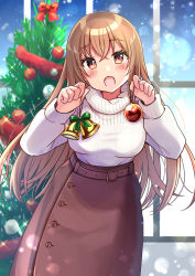 Rule 34 | 1girl, :o, absurdres, bad id, bad pixiv id, bell, blurry, blurry background, blush, bow, breasts, brown eyes, brown hair, brown skirt, christmas, christmas ornaments, christmas tree, commentary request, day, depth of field, fang, green ribbon, hair between eyes, highres, holding, indoors, long hair, long sleeves, looking at viewer, medium breasts, minami saki, open mouth, original, red bow, ribbon, signature, skirt, solo, sparkle, sweater, very long hair, white sweater, window