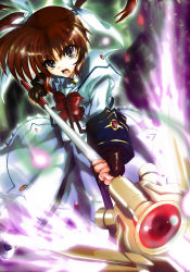 Rule 34 | 00s, 1girl, bad id, bad pixiv id, bow, bowtie, dress, fingerless gloves, gem, gloves, glowing, highres, looking at viewer, lyrical nanoha, magic, magical girl, mahou shoujo lyrical nanoha, mahou shoujo lyrical nanoha a&#039;s, nanai, raising heart, raising heart (exelion mode), red bow, red bowtie, rod, shaded face, solo, staff, takamachi nanoha, takamachi nanoha (sacred mode), twintails, uniform, white dress, wings
