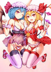 Rule 34 | 2girls, :d, ;), arm up, babydoll, bare shoulders, bat wings, beige background, blonde hair, blue hair, blush, bow, breasts, cleavage, clenched hand, collarbone, commentary request, crystal, flandre scarlet, frills, full body, garter belt, gradient background, groin, hair between eyes, hand up, hat, hat ribbon, head tilt, highleg, highleg panties, highres, jumping, lingerie, looking at viewer, mayonaka taruho, medium breasts, mob cap, multiple girls, navel, one eye closed, open mouth, panties, pink eyes, pink hat, pink panties, red footwear, red panties, red ribbon, remilia scarlet, ribbon, see-through, shoes, short hair, siblings, sisters, smile, stomach, thighhighs, thighs, touhou, underwear, underwear only, white background, white legwear, wings, wrist cuffs, yellow bow
