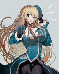 Rule 34 | atago (kancolle), bad id, bad pixiv id, beret, black gloves, black pantyhose, blonde hair, blue hat, blush, breasts, commission, frilled jacket, frills, gloves, gradient background, green eyes, grey background, hair between eyes, hat, jacket, kantai collection, large breasts, long hair, long sleeves, looking at viewer, military, military uniform, niku vacuum, open mouth, pantyhose, skeb commission, skirt, smile, solo, uniform