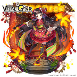 Rule 34 | 1girl, black hair, black thighhighs, bow, brown eyes, cobblestone, company name, copyright name, dress, flaming sword, flaming weapon, full body, gear print, gears, geta, hair bow, holding, holding sword, holding weapon, japanese clothes, lantern, long hair, long sleeves, looking at viewer, meesuke, official art, open mouth, paper lantern, red dress, sheath, shrine, smile, solo, standing, sword, thighhighs, very long hair, vital gear, watermark, weapon, white background