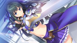 Rule 34 | 1girl, armor, black gloves, black hair, blue eyes, breastplate, closed mouth, cowboy shot, dutch angle, fingerless gloves, floating hair, game cg, gauntlets, gloves, hair ribbon, hayami shizuno, hibikino-san-chi wa eroge-ya-san!, highres, holding, holding sword, holding weapon, long hair, looking at viewer, midriff, miniskirt, navel, pleated skirt, purple ribbon, purple skirt, ribbon, sawayaka samehada, skirt, smile, solo, standing, stomach, sword, thighhighs, twintails, very long hair, weapon, white thighhighs, zettai ryouiki