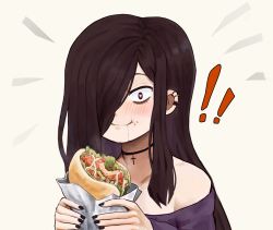 !!, 1boy, black hair, black nails, blush, chicken (food), commentary, cross choker, ear piercing, earrings, eating, english commentary, food, hair over one eye, heart, heart-shaped pupils, highres, holding, holding food, jewelry, lettuce, long hair, ms pigtails, nail polish, off-shoulder shirt, off shoulder, original, piercing, sandwich, shirt, solo, symbol-shaped pupils, trap, upper body