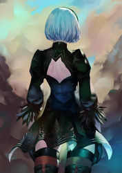 Rule 34 | 1girl, back cutout, black dress, black gloves, black hairband, blazpu, boots, clothing cutout, dress, feather-trimmed sleeves, from behind, gloves, hairband, high heel boots, high heels, highres, juliet sleeves, leather, leather boots, long sleeves, nier (series), nier:automata, puffy sleeves, short hair, silver hair, skirt, standing, thigh boots, thighhighs, thighhighs under boots, thighs, vambraces, 2b (nier:automata)