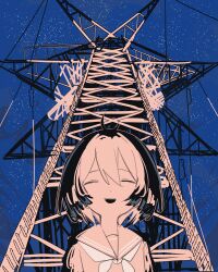 Rule 34 | 1girl, absurdres, antenna hair, blue sky, bob cut, closed eyes, commentary request, facing viewer, highres, limited palette, multicolored hair, neckerchief, open mouth, original, outline, power lines, school uniform, serafuku, short hair, sirayukisiu, sky, smile, solo, star (sky), starry sky, transmission tower, two-tone hair