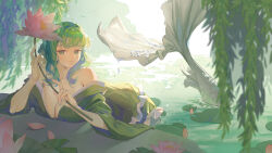 Rule 34 | 1girl, absurdres, backlighting, bloom, blue tail, blunt bangs, blurry, blurry foreground, breasts, cleavage, clio (dabingshi clio da), commentary request, depth of field, fins, flower, flower request, green eyes, green hair, green kimono, head fins, highres, holding, holding flower, japanese clothes, kimono, large breasts, long hair, mermaid, monster girl, pink flower, sleeves past elbows, solo, touhou, wakasagihime, water