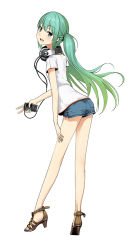 Rule 34 | 1girl, bad id, bad pixiv id, blackberry ltd, casual, cellphone, couzone, green hair, hatsune miku, headphones, high heels, long hair, long legs, open shoes, phone, sandals, shoes, shorts, simple background, solo, twintails, v, vocaloid, white background