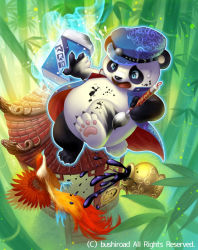 Rule 34 | 1boy, architecture, bamboo, bamboo forest, bird, blue eyes, cardfight!! vanguard, company name, copyright name, east asian architecture, forest, furry, furry male, hat, ink panda, leaf, male focus, misa tsutsui, nature, official art, open mouth, paintbrush, panda, solo