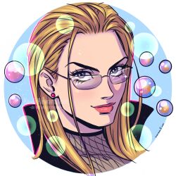 Rule 34 | 1girl, blonde hair, blue background, bubble, circle, close-up, commentary, ellie mehl, english commentary, eyelashes, fishnet top, fishnets, glasses, hair slicked back, highres, kalifa (one piece), long hair, looking at viewer, loose hair strand, one piece, pink lips, simple background, smile, solo