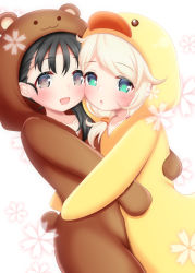 Rule 34 | 2girls, animal costume, bear costume, bear tail, black hair, blonde hair, blush, check commentary, cheek-to-cheek, child, collarbone, commentary request, duck costume, floral print, fukuyama mai, green eyes, grey eyes, heads together, highres, hosizora mikoto, hug, idolmaster, idolmaster cinderella girls, long hair, looking at viewer, multiple girls, open mouth, smile, tail, white background, yusa kozue