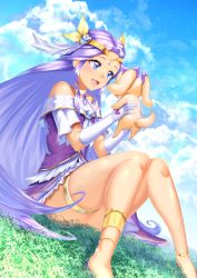 Rule 34 | 1girl, :d, absurdres, animal, anklet, bare legs, barefoot, blue eyes, blue sky, bow, circlet, cloud, cure earth, curecycadura, day, dog, dress, earrings, elbow gloves, floating hair, gloves, grass, hair bow, hair intakes, hair ornament, healin&#039; good precure, heart, heart hair ornament, highres, holding, holding animal, jewelry, latte (precure), long hair, off-shoulder dress, off shoulder, open mouth, outdoors, precure, purple dress, purple hair, short dress, sitting, skindentation, sky, smile, thighlet, very long hair, white gloves, yellow bow
