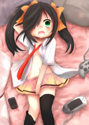 Rule 34 | 10s, 1girl, arm behind head, bags under eyes, bed, black hair, cellphone, controller, covering privates, covering crotch, drooling, flat chest, game controller, green eyes, hair over one eye, handheld game console, highres, kuroki tomoko, long hair, lying, miko (no1122334455a), navel, necktie, on back, open clothes, open mouth, open shirt, phone, pillow, playstation portable, red necktie, ribbon, school uniform, shirt, skirt, smartphone, solo, tears, thighhighs, twintails, watashi ga motenai no wa dou kangaetemo omaera ga warui!