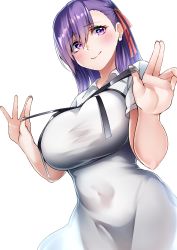 Rule 34 | 1girl, absurdres, black ribbon, blush, breasts, covered navel, dress, fate/stay night, fate (series), hair ribbon, heaven&#039;s feel, highres, large breasts, len (hand linke), long hair, looking at viewer, matou sakura, purple eyes, purple hair, red ribbon, ribbon, short sleeves, smile, solo, white dress