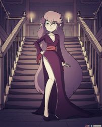 Rule 34 | breasts, cleavage, colored skin, dress, highres, legs, lipstick, long hair, makeup, purple hair, purple skin, scooby-doo, scooby-doo and the ghoul school, sibella, stairs, thighs, vampire