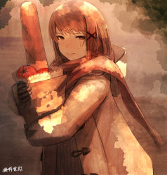 Rule 34 | 1girl, bag, bread, brown bag, brown coat, brown eyes, brown gloves, brown hair, closed mouth, coat, dappled sunlight, duffel coat, enpera, food, gloves, hair ornament, hatching, highres, holding, holding bag, hood, hood down, hooded coat, looking at viewer, medium hair, original, outdoors, paper bag, red scarf, savuxan, scarf, sleeves past wrists, smile, solo, sunlight, swept bangs, tomato, upper body, watermark, winter clothes, x hair ornament