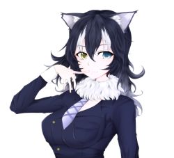Rule 34 | 10s, 1girl, :3, animal ears, bad id, bad pixiv id, black hair, blue eyes, breast pocket, commentary request, finger to mouth, fur collar, grey wolf (kemono friends), hair between eyes, heterochromia, highres, kemono friends, long hair, looking at viewer, multicolored hair, nekomata kyou, pocket, simple background, smile, solo, streaked hair, two-tone hair, upper body, white background, white hair, wolf ears, yellow eyes