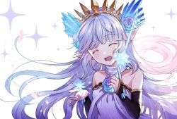 Rule 34 | 1girl, blue hair, bridal gauntlets, detached sleeves, dress, granblue fantasy, highres, ice crystal, lily (granblue fantasy), long hair, myusha, pointy ears, solo, sparkle, strapless, strapless dress, tiara