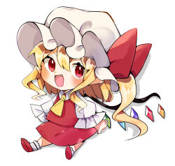 Rule 34 | 1girl, absurdres, aporro622, ascot, blonde hair, blush, bobby socks, bow, chibi, fang, flandre scarlet, full body, hair between eyes, hat, hat bow, highres, long hair, long sleeves, looking at viewer, mob cap, multicolored wings, one side up, open mouth, pointy ears, puffy long sleeves, puffy sleeves, red bow, red eyes, red footwear, red skirt, red vest, shirt, shoe soles, simple background, skirt, skirt set, socks, solo, touhou, v-shaped eyebrows, vest, white background, white hat, white shirt, white socks, wings, yellow ascot