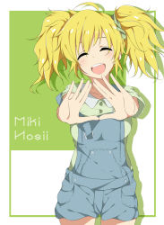 Rule 34 | 1girl, ahoge, alternate hairstyle, blonde hair, blush, character name, closed eyes, hitotsuki nanoka, hoshii miki, idolmaster, idolmaster (classic), outstretched arms, overalls, scrunchie, short hair, short twintails, smile, solo, twintails