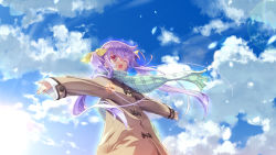 Rule 34 | 1girl, ashishun, cloud, day, glasses, hair ribbon, lens flare, one eye closed, open mouth, original, outstretched arms, petals, pink eyes, purple hair, red-framed eyewear, ribbon, scarf, sky, solo, spread arms, twintails, wink