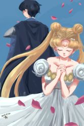 Rule 34 | 1boy, 1girl, 2017, bare shoulders, bishoujo senshi sailor moon, black hair, blonde hair, blue background, cape, chiba mamoru, closed eyes, closed mouth, crescent, crescent facial mark, dated, detached sleeves, double bun, dress, earrings, endymion, facial mark, faux traditional media, from behind, hair bun, hair ornament, hairclip, highres, jewelry, long hair, own hands together, parted bangs, petals, princess serenity, puchi (wamsnzs), puffy short sleeves, puffy sleeves, rose petals, sad, short hair, short sleeves, simple background, tsukino usagi, twintails, very long hair