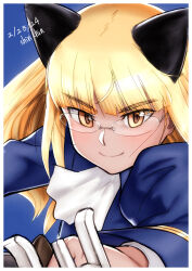Rule 34 | 1girl, animal ears, blush, cat ears, closed mouth, dated, highres, looking at viewer, military uniform, perrine h. clostermann, shiri chin, signature, smile, solo, strike witches, uniform, world witches series, yellow eyes