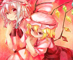 Rule 34 | 2girls, :&gt;, arm hug, bat wings, blonde hair, blue hair, bow, brooch, fang, female focus, flandre scarlet, hand on own face, hat, hat bow, highres, jewelry, leaning forward, light smile, looking at viewer, multiple girls, no nose, pink theme, puffy sleeves, red background, red eyes, remilia scarlet, short hair, short sleeves, siblings, sisters, skirt, skirt set, smirk, touhou, wings, yokosuka220