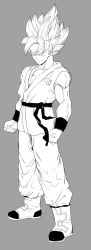Rule 34 | 10s, 1boy, absurdres, boots, closed mouth, dougi, dragon ball, dragon ball super, eyebrows, grey background, highres, male focus, monochrome, muscular, saiyan, simple background, smile, solo, son goku, spiked hair, super saiyan, wristband