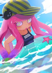 Rule 34 | 1girl, absurdres, animal, baseball cap, blue one-piece swimsuit, blush, breasts, cloud, clownfish, drooling, fish, green eyes, harmony&#039;s clownfish (splatoon), harmony (splatoon), hat, highres, innertube, long hair, looking at viewer, name tag, nintendo, old school swimsuit, one-piece swimsuit, open mouth, outdoors, partially submerged, pink hair, ppuna, school swimsuit, sea anemone, sky, small breasts, splatoon (series), starfish, striped clothes, striped headwear, swim ring, swimsuit, tentacle hair, tentacles, tropical fish, water