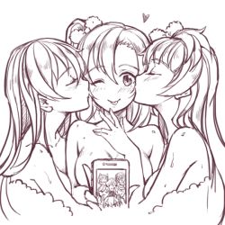 Rule 34 | 10s, 3girls, :p, aftersex, blanket, blush, bow, breasts, cellphone, check commentary, commentary request, closed eyes, fff threesome, fiodo, girl sandwich, greyscale, group sex, hair between eyes, hair bow, heart, hug, kiss, kissing cheek, kosaka honoka, large breasts, long hair, love live!, love live! school idol project, minami kotori, monochrome, multiple girls, nude, one eye closed, one side up, phone, sandwiched, selfie, simple background, small breasts, smartphone, smile, sonoda umi, sweat, taking picture, threesome, tongue, tongue out, upper body, white background, yuri