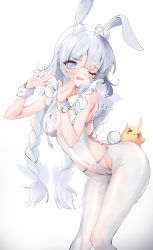 Rule 34 | &gt; &lt;, + +, 1girl, a fu jiade luo, absurdres, ahoge, animal ears, azur lane, bare shoulders, blue eyes, braid, cameltoe, cleft of venus, covered navel, creature, crotchless, crotchless pantyhose, fake animal ears, fake tail, feet out of frame, hairband, highleg, highleg leotard, highres, le malin (azur lane), le malin (listless lapin) (azur lane), leaning forward, leotard, long hair, looking back, manjuu (azur lane), official alternate costume, one eye closed, open mouth, pantyhose, rabbit ears, silver hair, simple background, solo focus, standing, tail, twin braids, very long hair, white background, white hairband, white leotard, white pantyhose, wrist cuffs
